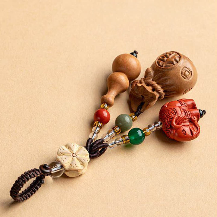 Buddha Stones Portafoglio con personaggio Fu in legno di pesca, portafortuna, elefante in cinabro, zucca di loto, portachiavi - image 3