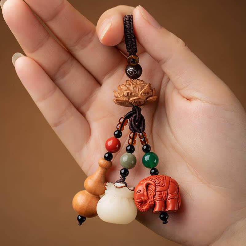 Buddha Stones Portafoglio con personaggio Fu in legno di pesca, portafortuna, elefante in cinabro, zucca di loto, portachiavi - image 14