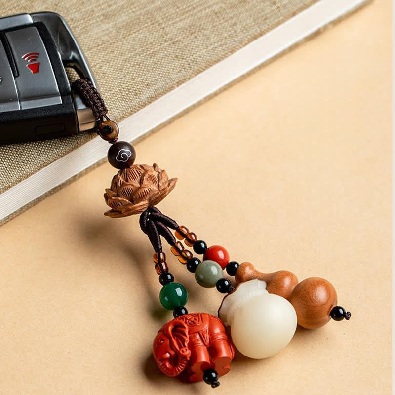 Buddha Stones Portafoglio con personaggio Fu in legno di pesca, portafortuna, elefante in cinabro, zucca di loto, portachiavi - image 16