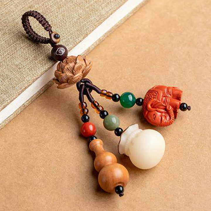 Buddha Stones Portafoglio con personaggio Fu in legno di pesca, portafortuna, elefante in cinabro, zucca di loto, portachiavi - image 20