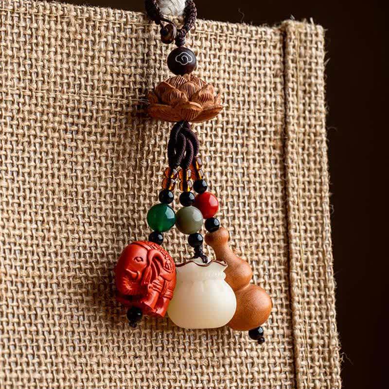 Buddha Stones Portafoglio con personaggio Fu in legno di pesca, portafortuna, elefante in cinabro, zucca di loto, portachiavi - image 18