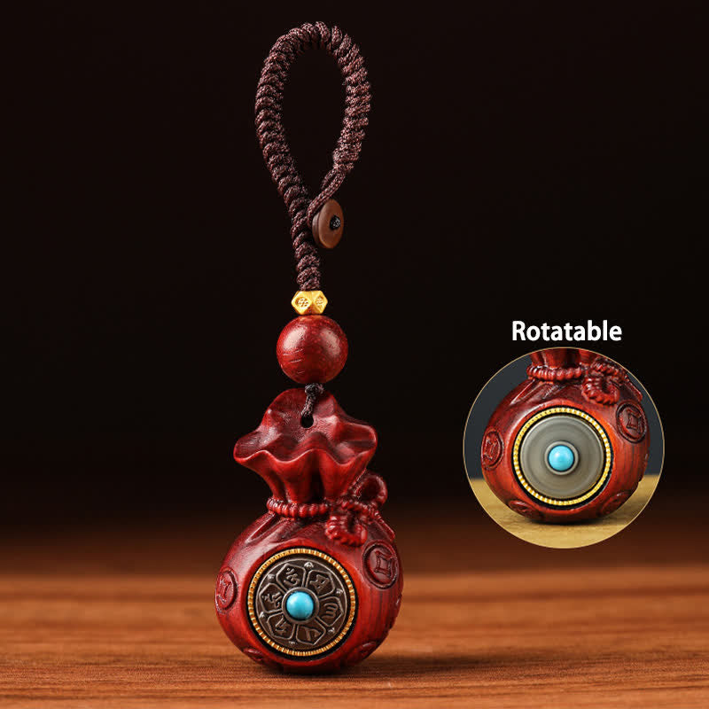 Buddha Stones Portachiavi con sacchetto portafortuna in legno di sandalo rosso, con simboli Om Mani, Padme Hum, saggezza e fortuna. - Semplice sacchetto di soldi - image 0
