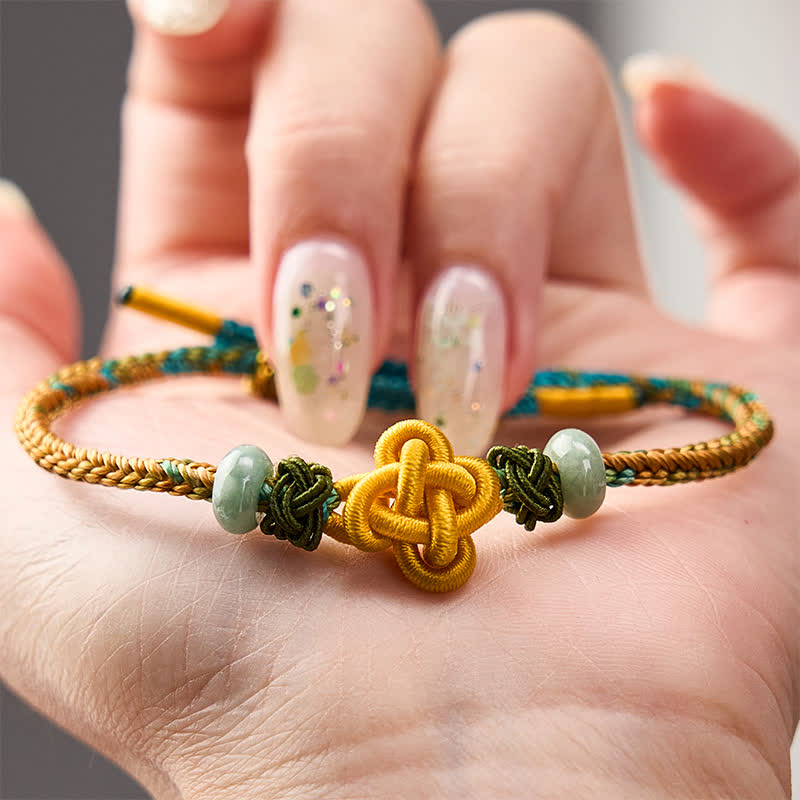 Buddha Stones Braccialetto regolabile intrecciato fatto a mano con nodo di osmanto giallo-verde e giada, portafortuna. - image 3