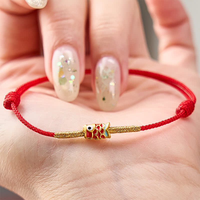 Buddha Stones Braccialetto con cordino rosso intrecciato a mano e simbolo della fortuna con pesci koi. - image 10