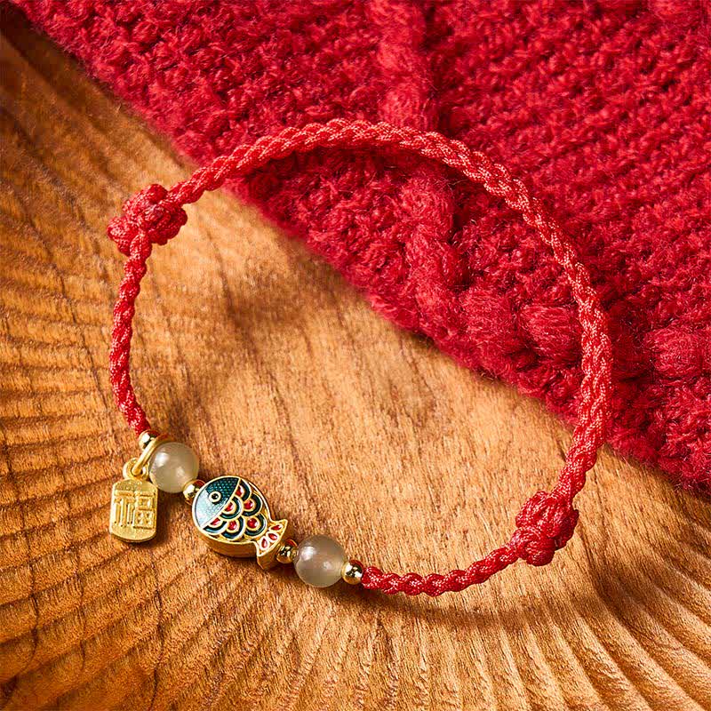 Buddha Stones Braccialetto protettivo con perline di giada e cordino protettivo a forma di pesce koi, intrecciato a mano, con personaggio Fu. - Rosso (Circonferenza del polso: 5,9–8,3 pollici / 15–21 cm) - image 11