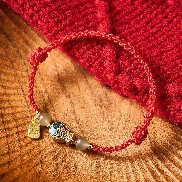 Buddha Stones Braccialetto protettivo con perline di giada e cordino protettivo a forma di pesce koi, intrecciato a mano, con personaggio Fu. - Rosso (Circonferenza del polso: 5,9–8,3 pollici / 15–21 cm) - image 11