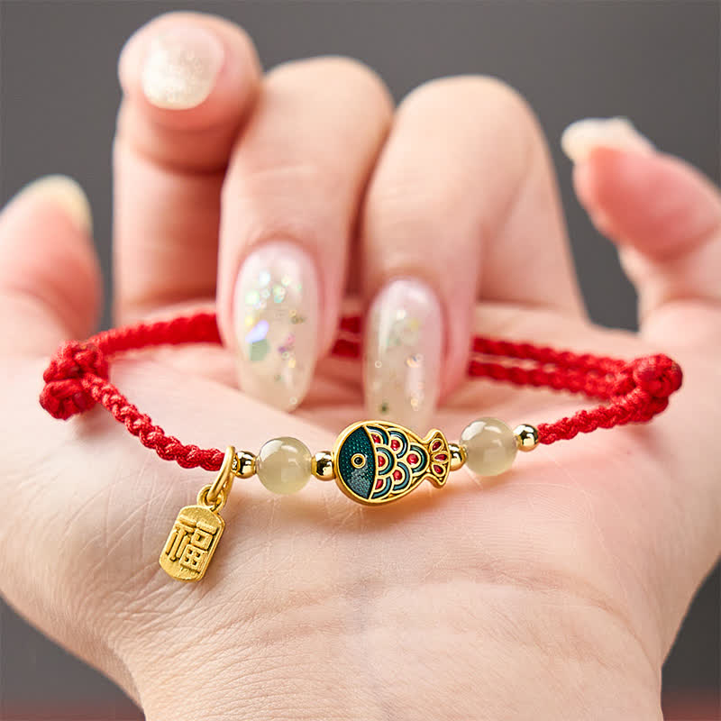 Buddha Stones Braccialetto protettivo con perline di giada e cordino protettivo a forma di pesce koi, intrecciato a mano, con personaggio Fu. - image 15