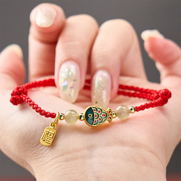 Buddha Stones Braccialetto protettivo con perline di giada e cordino protettivo a forma di pesce koi, intrecciato a mano, con personaggio Fu. - image 15