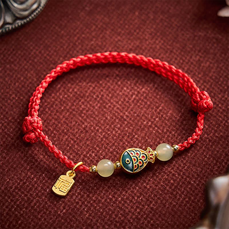Buddha Stones Braccialetto protettivo con perline di giada e cordino protettivo a forma di pesce koi, intrecciato a mano, con personaggio Fu. - image 13