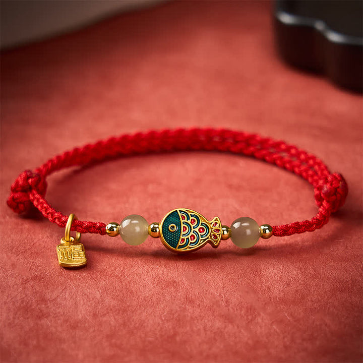Buddha Stones Braccialetto protettivo con perline di giada e cordino protettivo a forma di pesce koi, intrecciato a mano, con personaggio Fu. - image 12