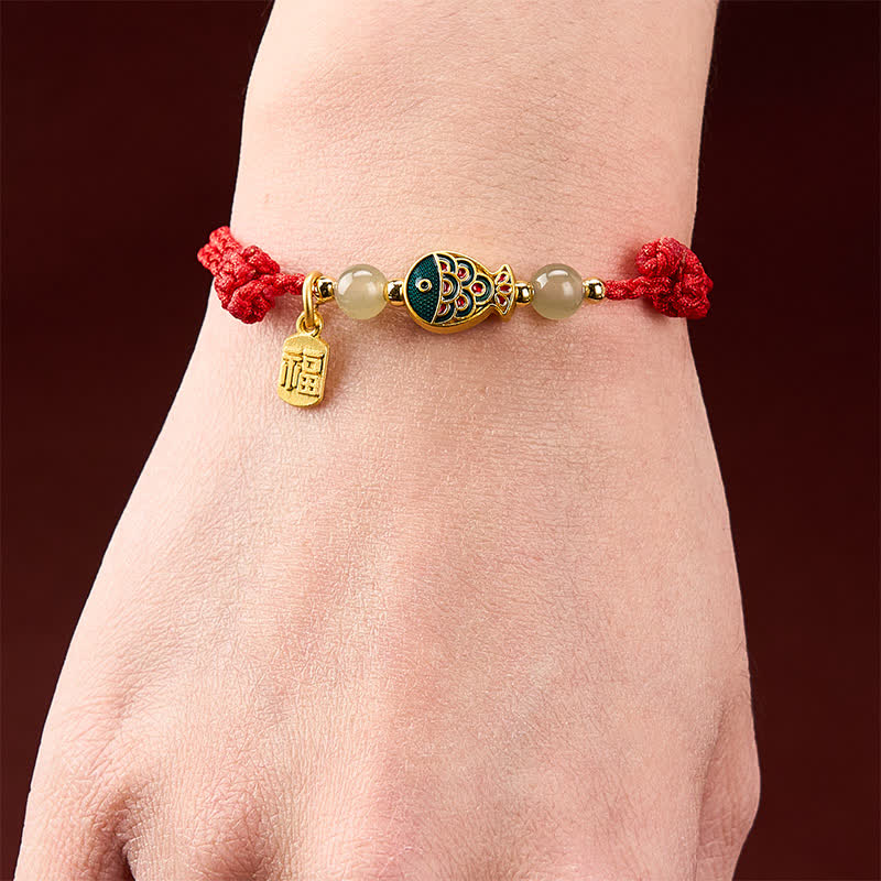 Buddha Stones Braccialetto protettivo con perline di giada e cordino protettivo a forma di pesce koi, intrecciato a mano, con personaggio Fu. - image 14