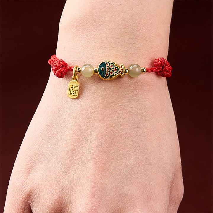 Buddha Stones Braccialetto protettivo con perline di giada e cordino protettivo a forma di pesce koi, intrecciato a mano, con personaggio Fu. - image 14