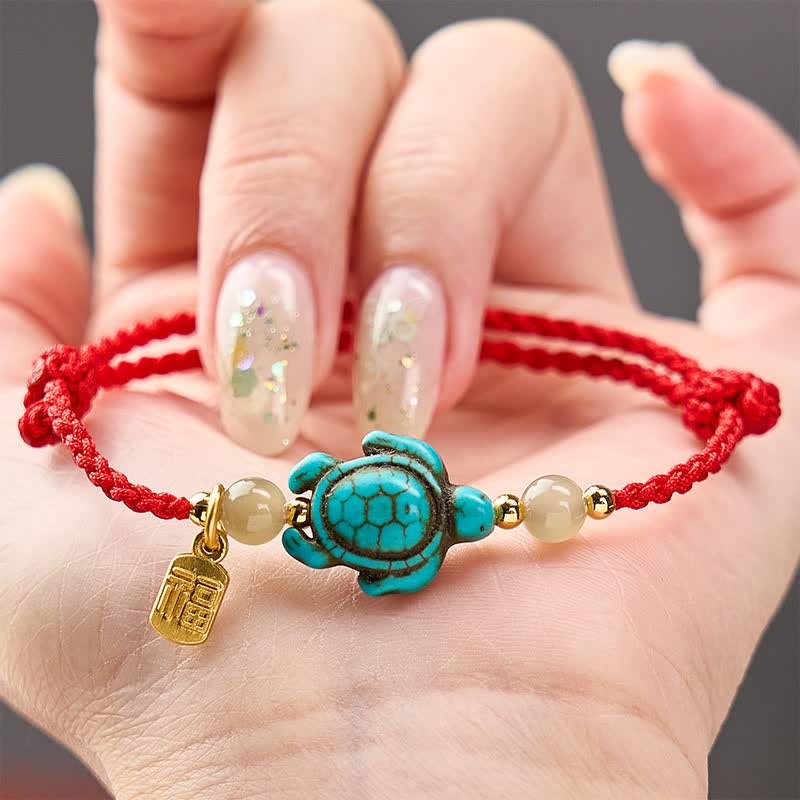Buddha Stones Braccialetto portafortuna con perline di giada e tartaruga turchese intrecciate a mano, con personaggio Fu. - image 13