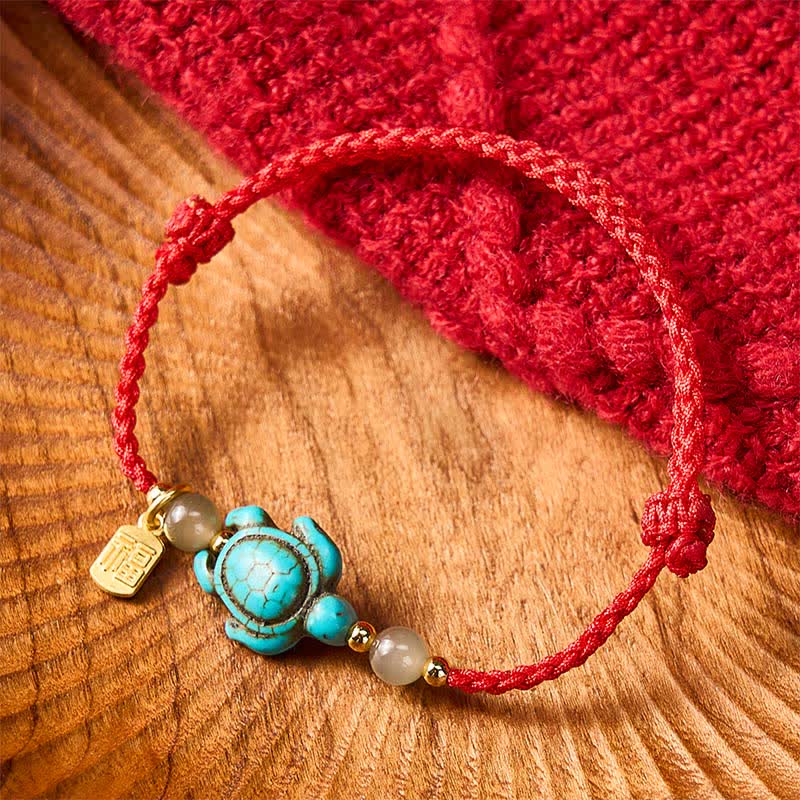 Buddha Stones Braccialetto portafortuna con perline di giada e tartaruga turchese intrecciate a mano, con personaggio Fu. - Rosso (Circonferenza del polso: 5,9–8,3 pollici / 15–21 cm) - image 10