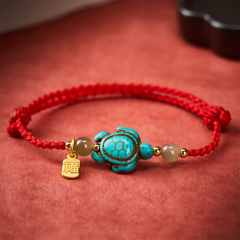 Buddha Stones Braccialetto portafortuna con perline di giada e tartaruga turchese intrecciate a mano, con personaggio Fu. - image 12
