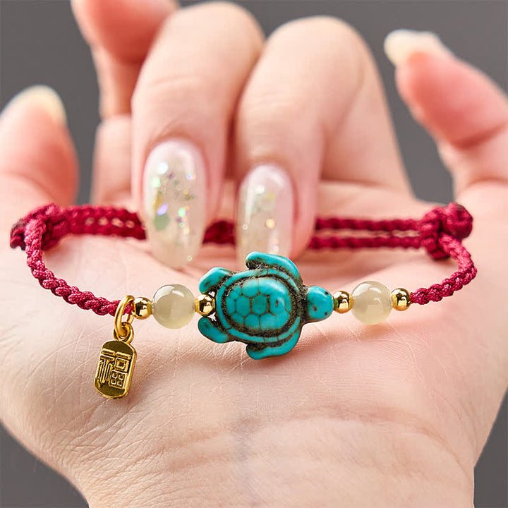 Buddha Stones Braccialetto portafortuna con perline di giada e tartaruga turchese intrecciate a mano, con personaggio Fu. - image 3