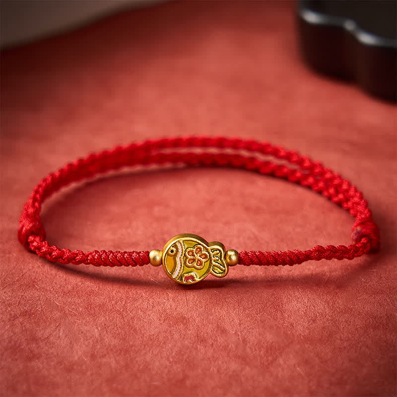 Buddha Stones Braccialetto portafortuna con fiori e pesci koi intrecciati a mano e corda rossa - image 10