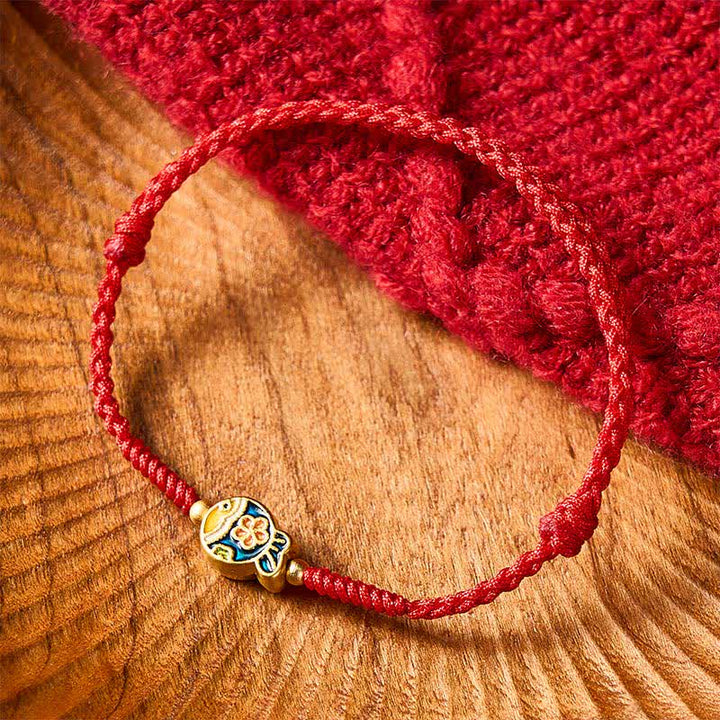 Buddha Stones Braccialetto con corda rossa e fiore ciano intrecciato a mano per la protezione dei pesci koi - image 1