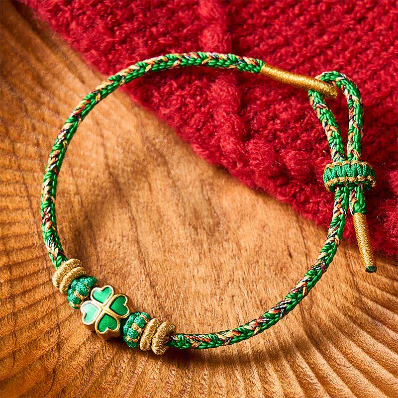 Buddha Stones Braccialetto in corda intrecciata a mano con cuore e quadrifoglio verde, resistente e resistente. - image 1