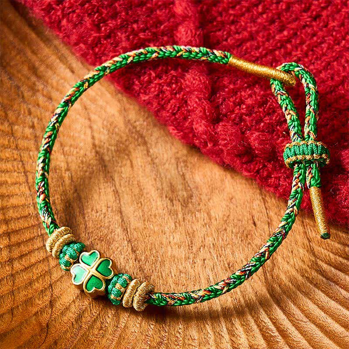 Buddha Stones Braccialetto in corda intrecciata a mano con cuore e quadrifoglio verde, resistente e resistente. - image 1