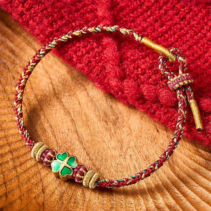Buddha Stones Braccialetto in corda intrecciata a mano con cuore e quadrifoglio verde, resistente e resistente. - Rosso (Circonferenza del polso: 5,9-7,5 pollici / 15-19 cm) - image 10