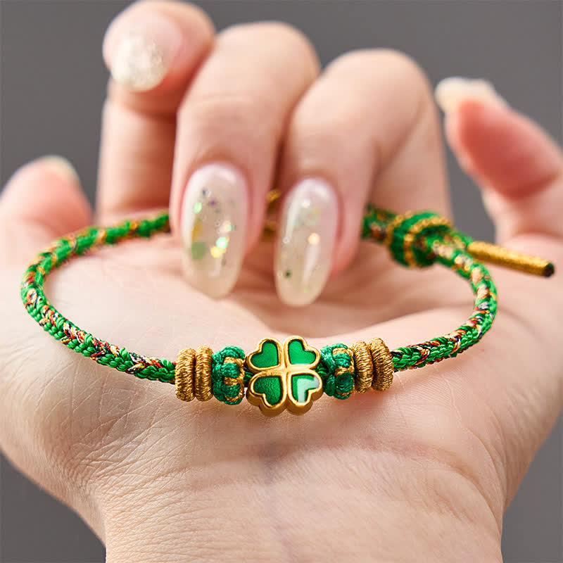 Buddha Stones Braccialetto in corda intrecciata a mano con cuore e quadrifoglio verde, resistente e resistente. - image 3