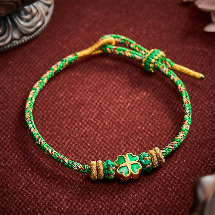 Buddha Stones Braccialetto in corda intrecciata a mano con cuore e quadrifoglio verde, resistente e resistente. - Verde (Circonferenza del polso: 5,9-7,5 pollici / 15-19 cm) - image 0