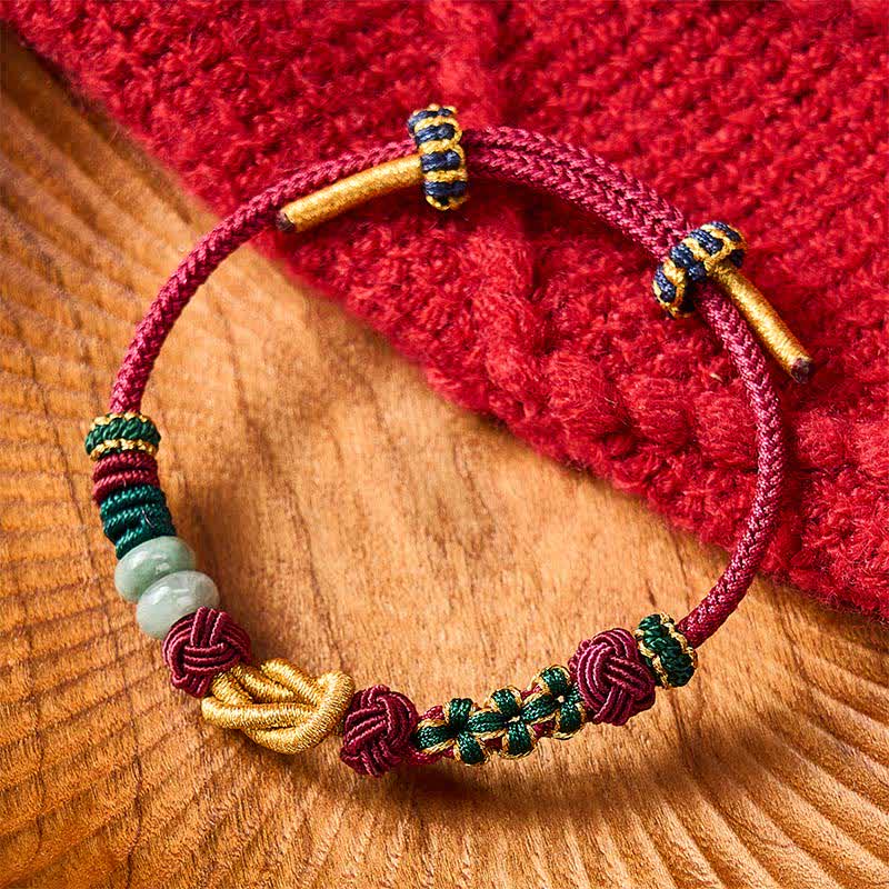 Buddha Stones Braccialetto con perline di giada portafortuna e fiori di pesco intrecciati a mano, con cordino rosso. - Rosso (Circonferenza del polso: 5,9-7,1 pollici / 15-18 cm) - image 0