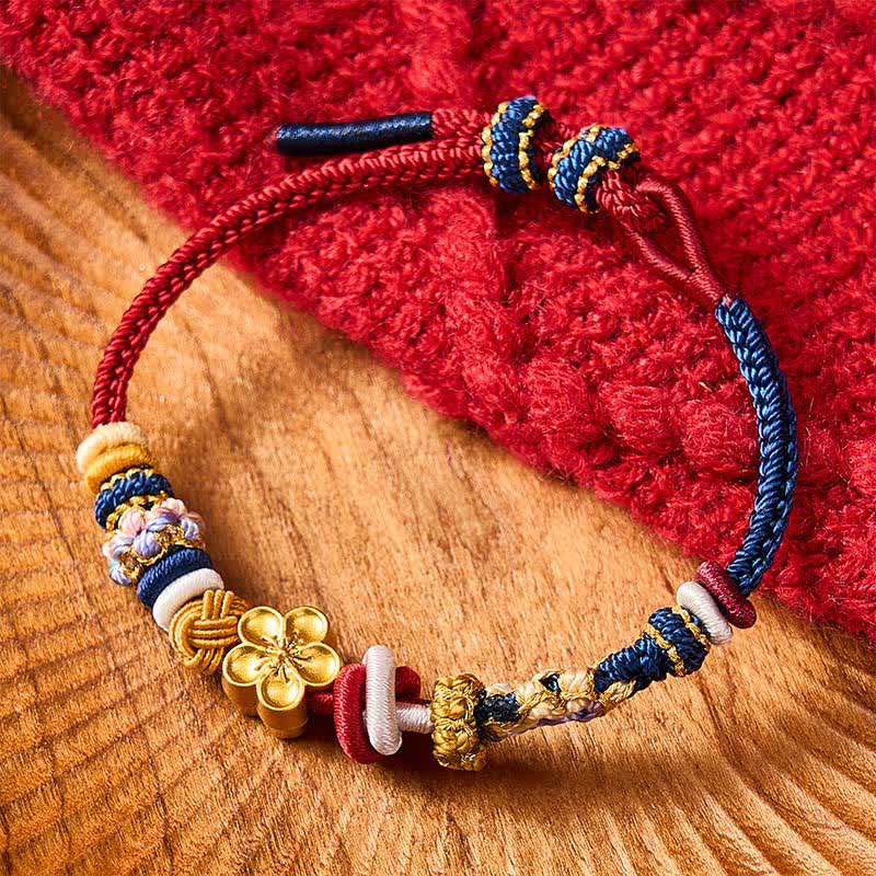 Buddha Stones Braccialetto intrecciato a mano con motivo a fiori di pesco, rosso e blu navy. - image 1