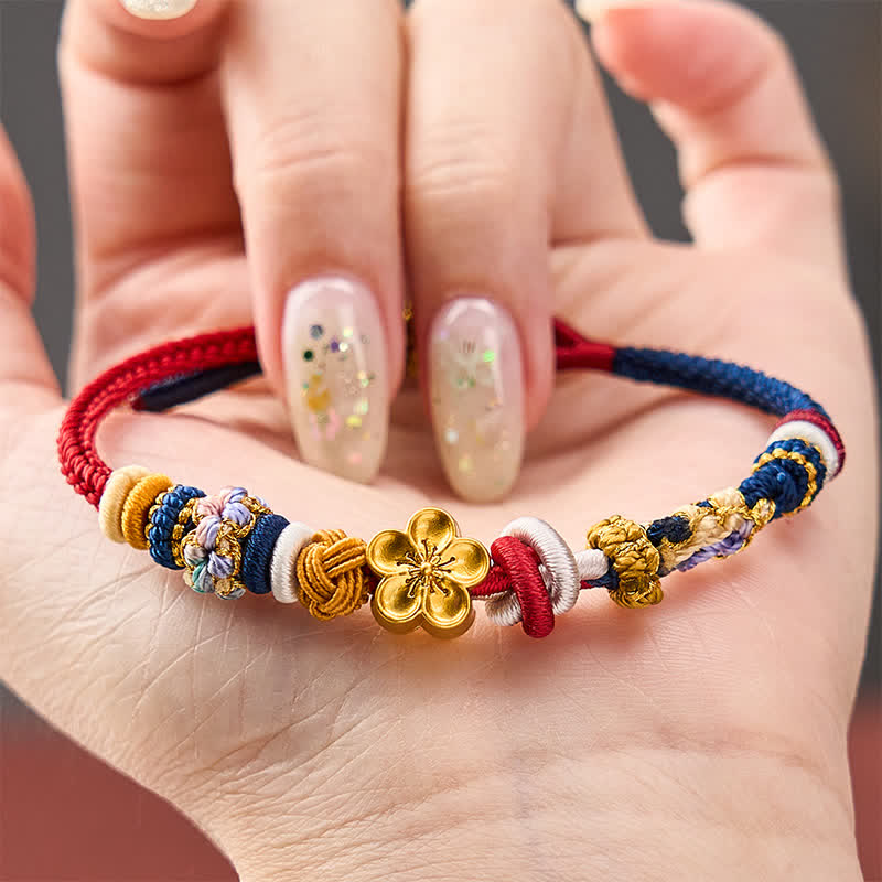 Buddha Stones Braccialetto intrecciato a mano con motivo a fiori di pesco, rosso e blu navy. - image 3