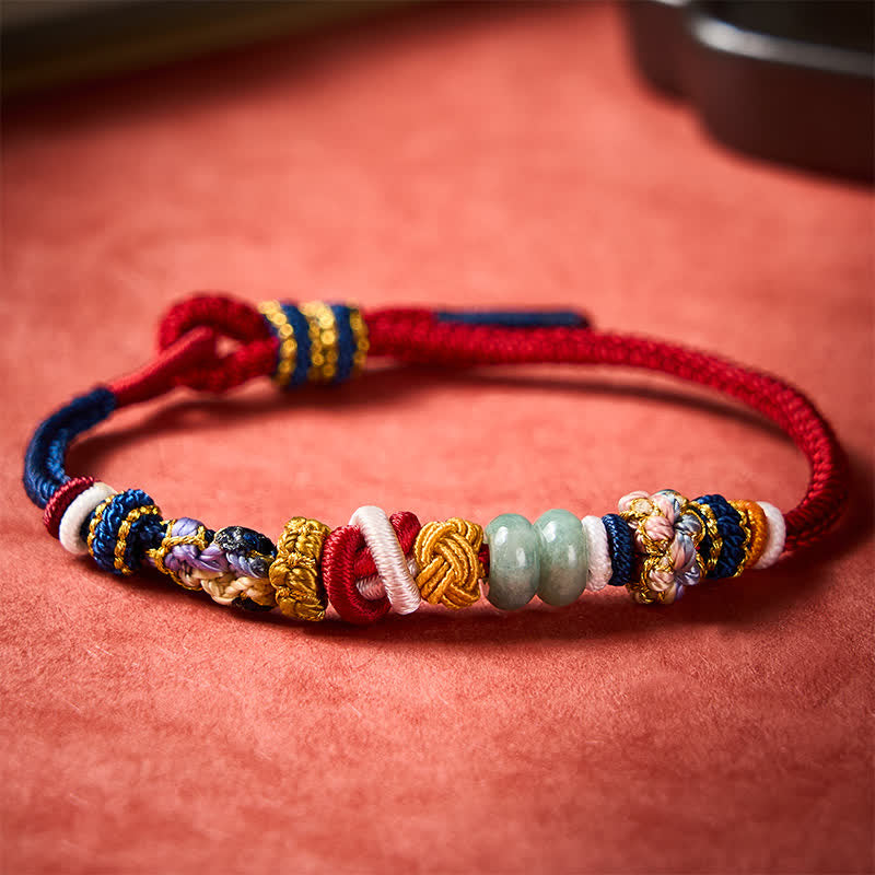 Buddha Stones Braccialetto con perline di giada a forma di fiore di pesco, intrecciate a mano, con cordino rosso e blu navy. - Rosso Blu navy (Circonferenza del polso: 5,9-7,1 pollici / 15-18 cm) - image 0