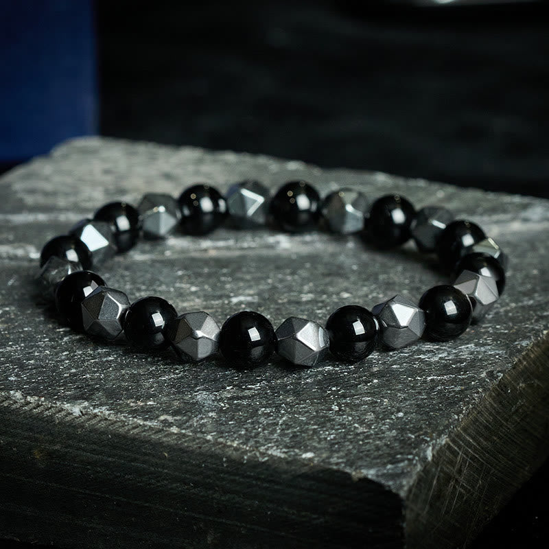 Buddha Stones Bracciale rinforzato con ematite occhio di tigre sfaccettata - Onice Nero (Fortuna ♥ Supporto) - image 0