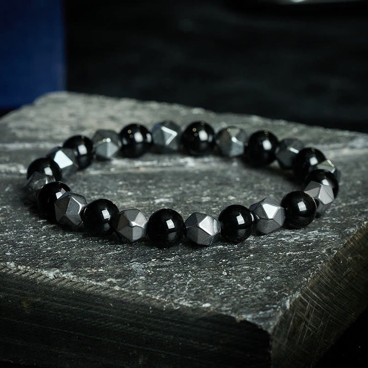 Buddha Stones Bracciale rinforzato con ematite occhio di tigre sfaccettata - Onice Nero (Fortuna ♥ Supporto) - image 0