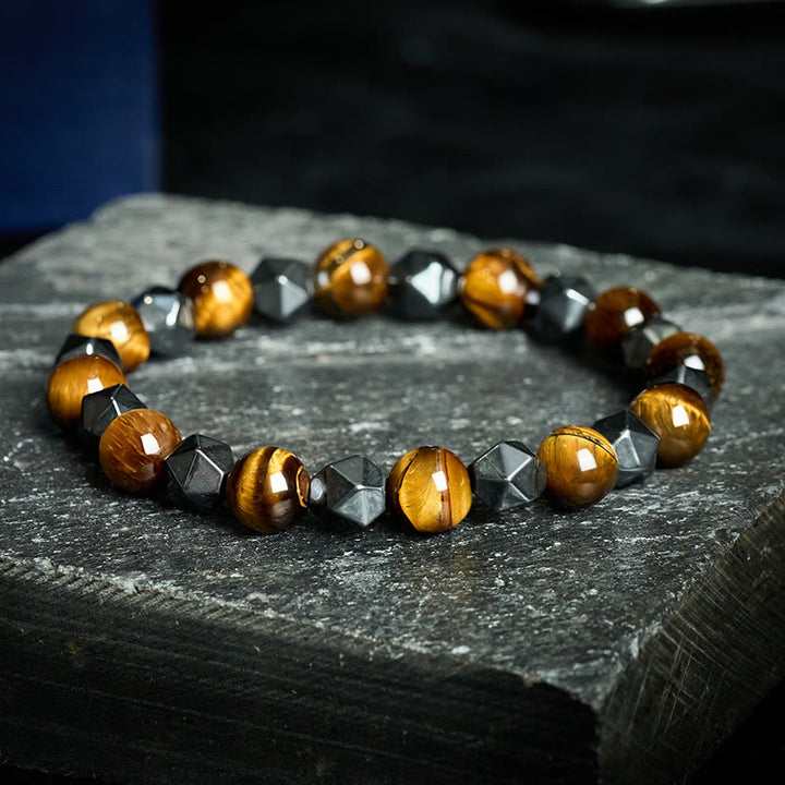 Buddha Stones Bracciale rinforzato con ematite occhio di tigre sfaccettata - Occhio di tigre giallo (Protezione ♥ Coraggio) - image 9