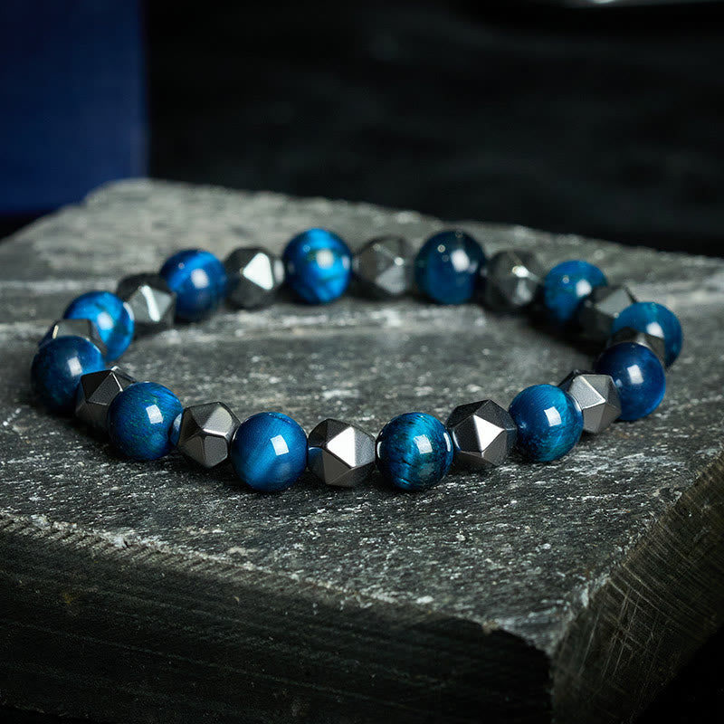 Buddha Stones Bracciale rinforzato con ematite occhio di tigre sfaccettata - Occhio di tigre blu (Equilibrio ♥ Positivo) - image 16
