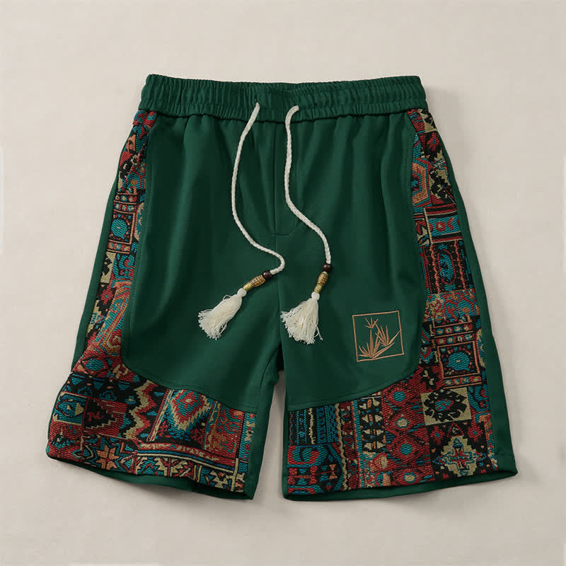 Buddha Stones Pantaloncini da uomo estivi in ​​stile boho con coulisse in vita elasticizzata e finiture geometriche, con tasche. - Verde studentesco - US/UK/AU46, EU56 (5XL) - image 0