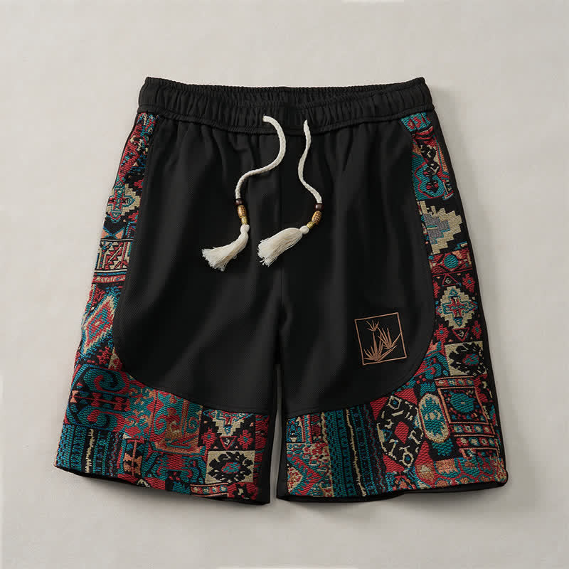 Buddha Stones Pantaloncini da uomo estivi in ​​stile boho con coulisse in vita elasticizzata e finiture geometriche, con tasche. - Nero - US/UK/AU46, EU56 (5XL) - image 8