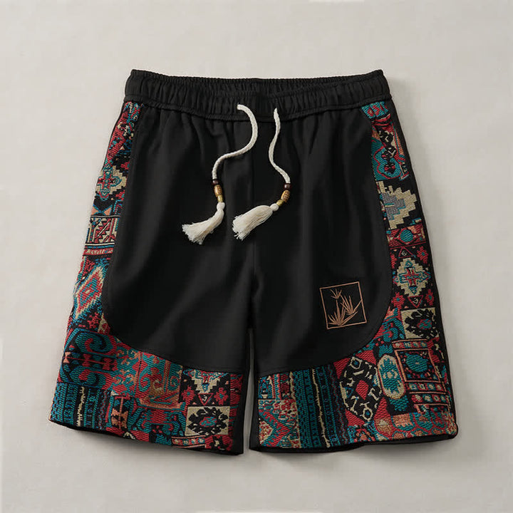 Buddha Stones Pantaloncini da uomo estivi in ​​stile boho con coulisse in vita elasticizzata e finiture geometriche, con tasche. - Nero - US/UK/AU46, EU56 (5XL) - image 8