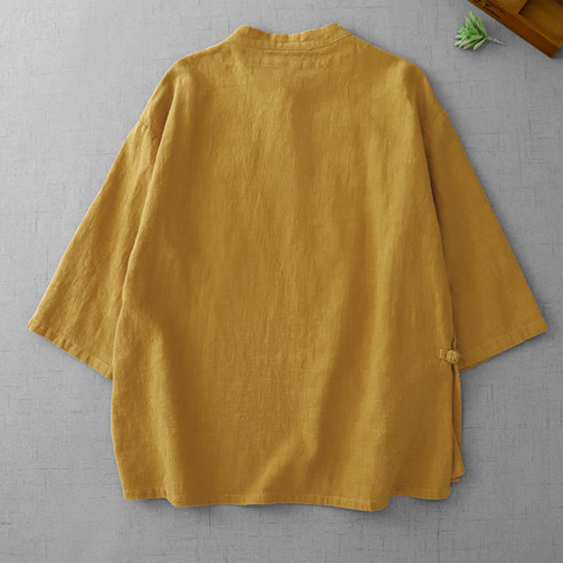 Buddha Stones Camicia da donna a maniche a tre quarti, stile vintage Tang, con colletto alla coreana e bottoni a rana, tinta unita, per l'estate. - image 1