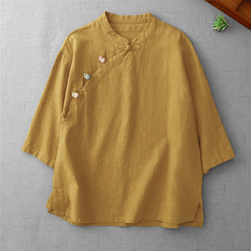 Buddha Stones Camicia da donna a maniche a tre quarti, stile vintage Tang, con colletto alla coreana e bottoni a rana, tinta unita, per l'estate. - Verga d'oro - US8-10, UK/AU12-14, EU40-42 (2XL) - image 0