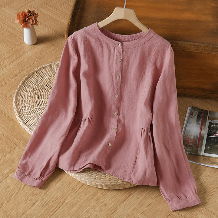 Buddha Stones Camicia da donna a maniche lunghe, girocollo, tinta unita, casual, minimalista, con bottoni, ideale per primavera e autunno. - Rosa chiaro - US8-10, UK/AU12-14, EU40-42 (2XL) - image 1