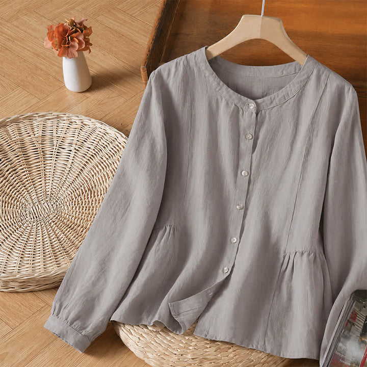 Buddha Stones Camicia da donna a maniche lunghe, girocollo, tinta unita, casual, minimalista, con bottoni, ideale per primavera e autunno. - image 3