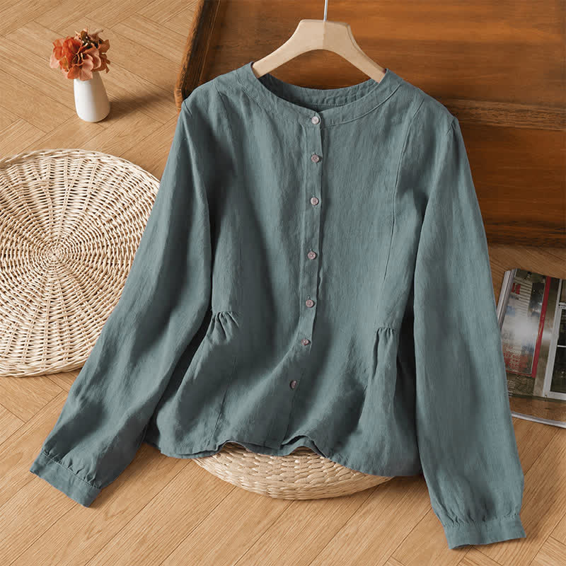 Buddha Stones Camicia da donna a maniche lunghe, girocollo, tinta unita, casual, minimalista, con bottoni, ideale per primavera e autunno. - Verde acqua - US8-10, UK/AU12-14, EU40-42 (2XL) - image 0