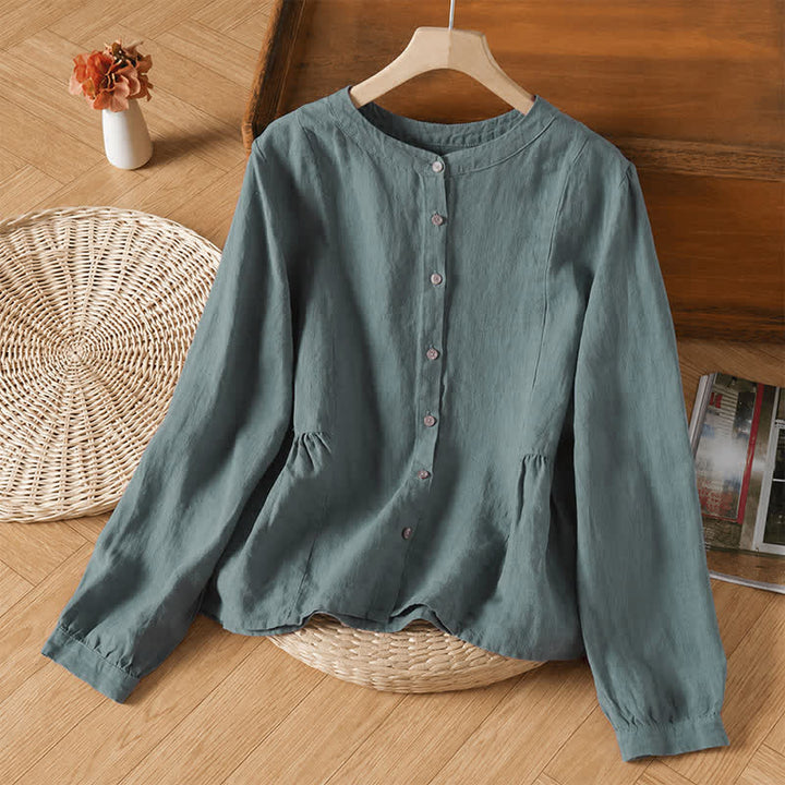 Buddha Stones Camicia da donna a maniche lunghe, girocollo, tinta unita, casual, minimalista, con bottoni, ideale per primavera e autunno. - Verde acqua - US8-10, UK/AU12-14, EU40-42 (2XL) - image 0