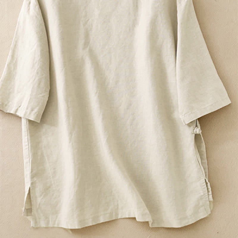 Buddha Stones Camicia da donna a maniche corte, stile Summer Tang, minimalista, con colletto alla coreana e tinta unita. - image 1