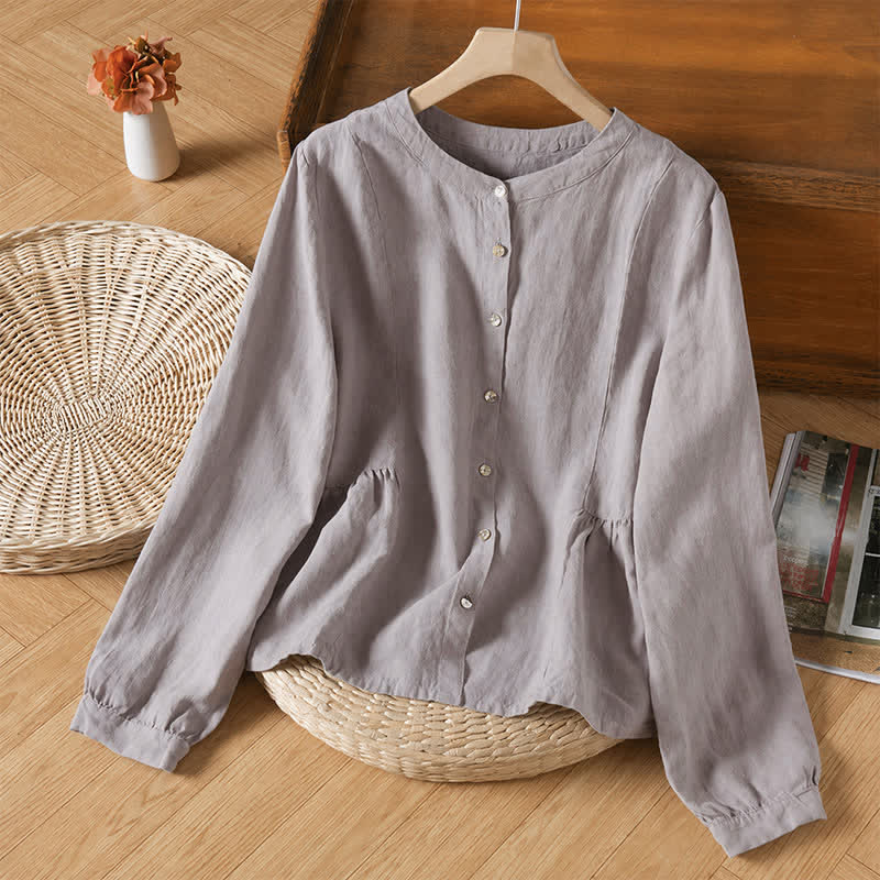 Buddha Stones Camicia da donna a maniche lunghe, girocollo, tinta unita, casual, minimalista, con bottoni, ideale per primavera e autunno. - Grigio chiaro - US8-10, UK/AU12-14, EU40-42 (2XL) - image 2