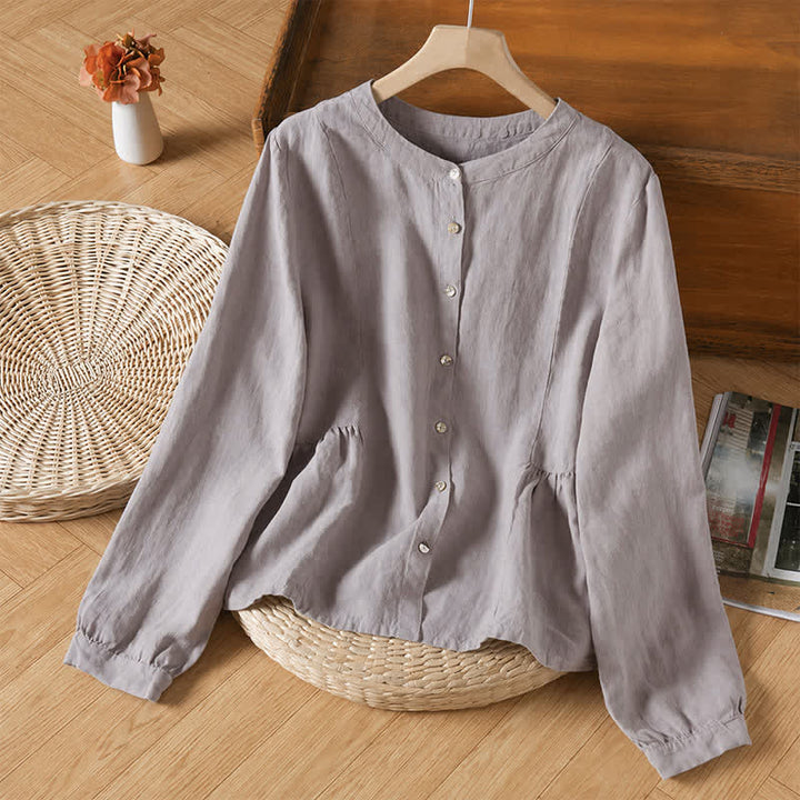 Buddha Stones Camicia da donna a maniche lunghe, girocollo, tinta unita, casual, minimalista, con bottoni, ideale per primavera e autunno. - Grigio chiaro - US8-10, UK/AU12-14, EU40-42 (2XL) - image 2