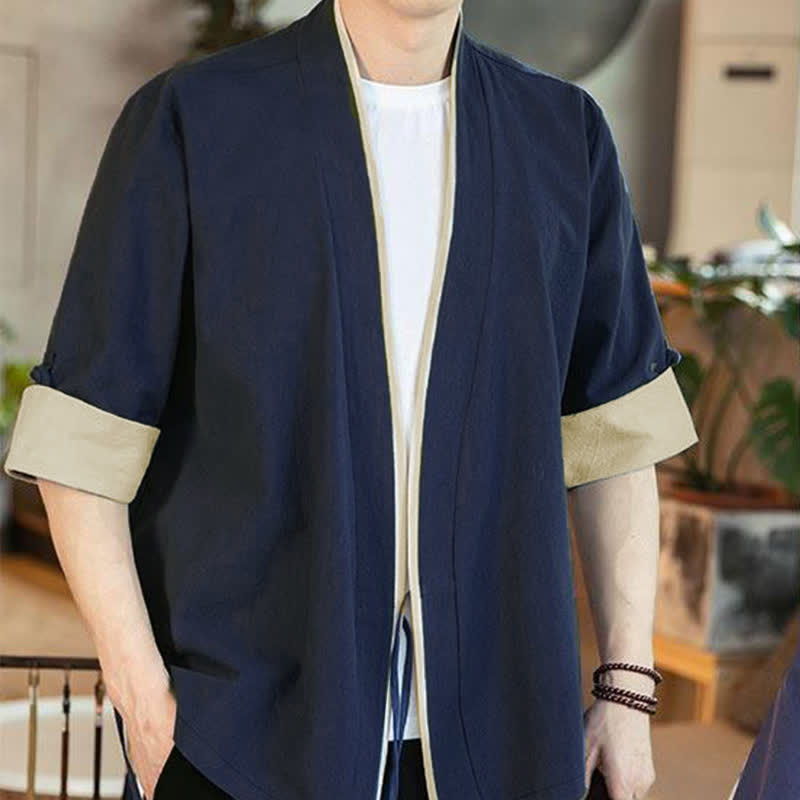 Buddha Stones Kimono da uomo estivo in stile Tang, minimalista, con scollo a V e coulisse, maniche a tre quarti. - image 3