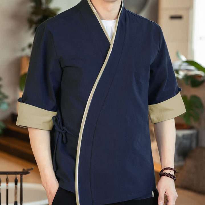 Buddha Stones Kimono da uomo estivo in stile Tang, minimalista, con scollo a V e coulisse, maniche a tre quarti. - image 2