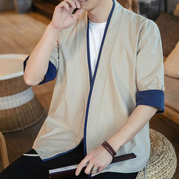 Buddha Stones Kimono da uomo estivo in stile Tang, minimalista, con scollo a V e coulisse, maniche a tre quarti. - image 15